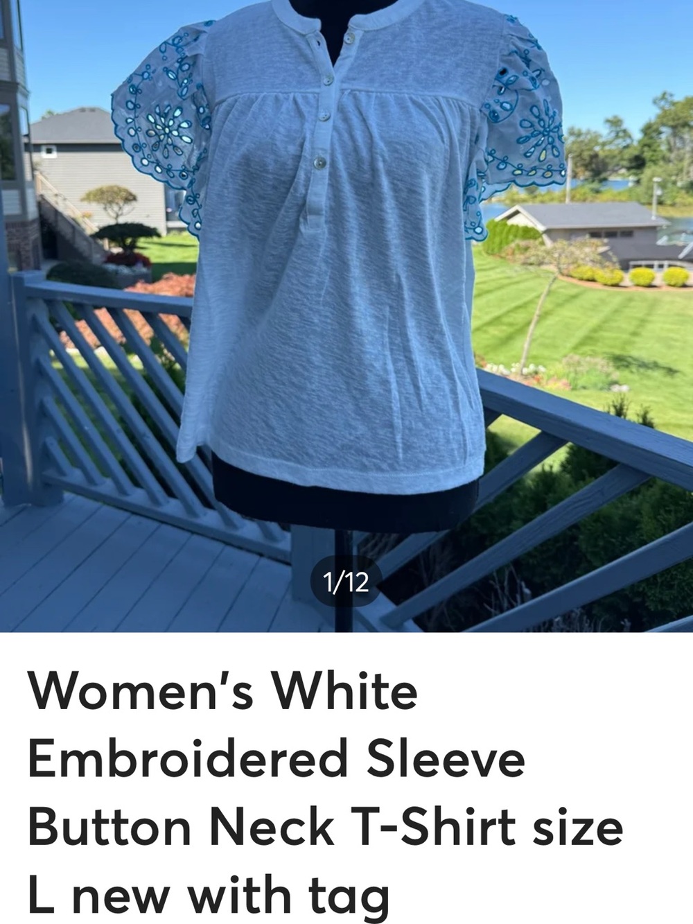 White Embroidered Sleeve Button-Neck Women's Top size Large new with tag
